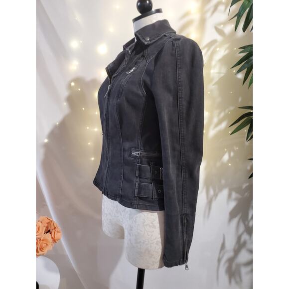 Free People Womens Buckle Strap Denim Moto Jacket Size 0 Black Fade Baddie Punk - Picture 6 of 12